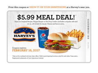 Harvey’s Offers $5.99 Meal Deal Through February 16, 2017