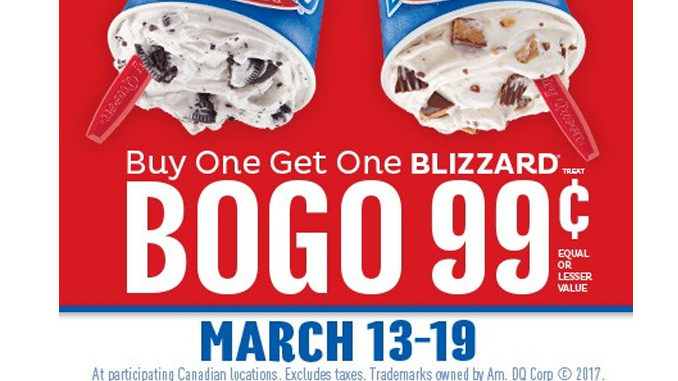 Buy One, Get One Blizzard Treat For 99 Cents At Dairy Queen Canada From March 13 Through 19, 2017