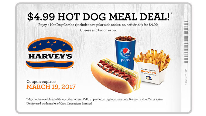 Harvey’s Offers $4.99 Hot Dog Meal Deal Through March 19, 2017
