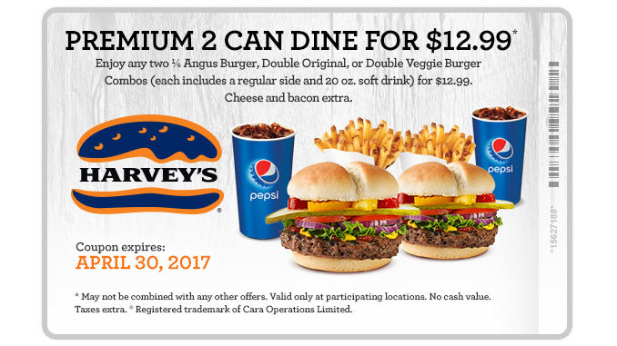 Harvey’s Offers Premium 2 Can Dine For $12.99 Deal Through April 30, 2017