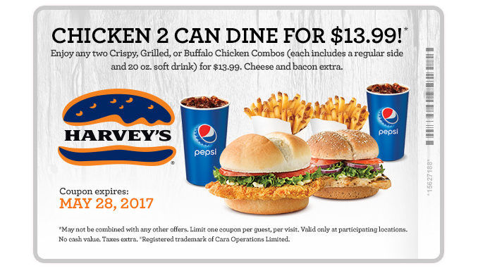 Harvey’s Offers 2 Can Dine For $13.99 Chicken Meal Deal Through May 28, 2017