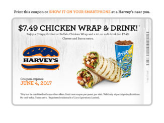 Harvey’s Offers $7.49 Chicken Wrap And Drink Through June 4, 2017