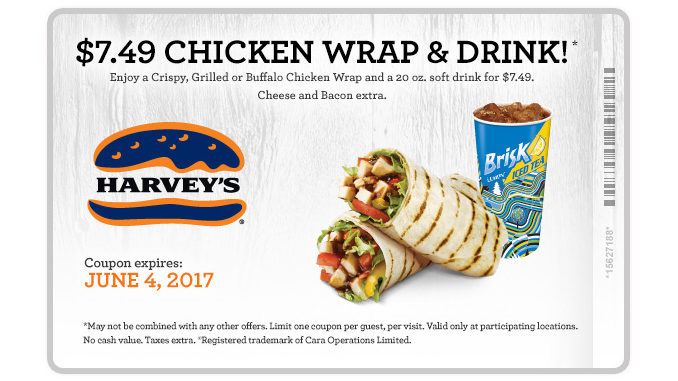 Harvey’s Offers $7.49 Chicken Wrap And Drink Through June 4, 2017