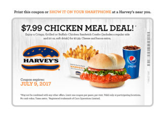 Harvey’s Offers $7.99 Chicken Meal Deal Through July 9, 2017