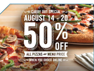 Domino’s Canada Offers 50% Off All Carty Out Pizzas Ordered Online Through August 20, 2017