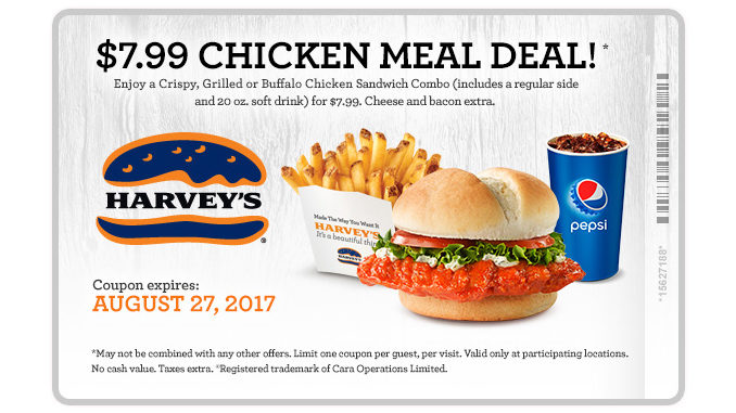 Harvey’s Offers $7.99 Chicken Meal Deal Through August 27, 2017