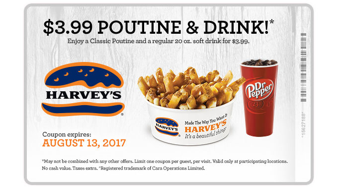 Poutine And Drink For $3.99 At Harvey’s Through August 13, 2017