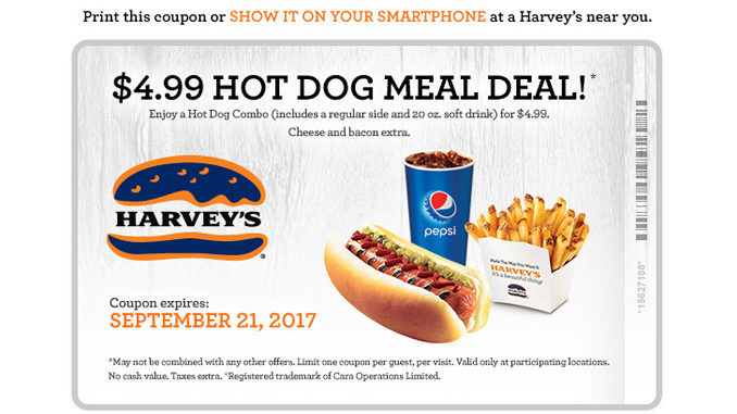 Harvey’s $4.99 Hot Dog Meal Deal Extended Through September 21, 2017