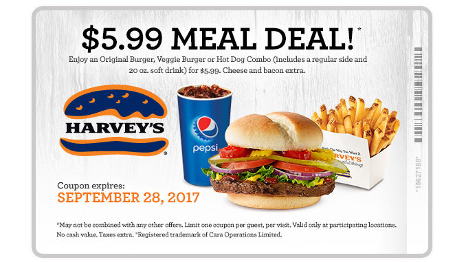 Harvey’s Offers $5.99 Meal Deal Through September 28, 2017