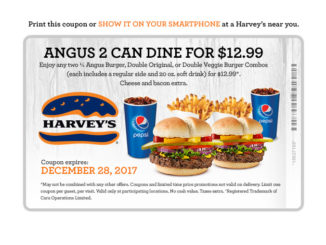Harvey’s Offers 2 Can Dine For $12.99 Angus Meals Through December 28, 2017