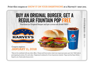 Buy An Original Burger Get A Free Fountain Pop At Harvey’s Through January 11, 2018