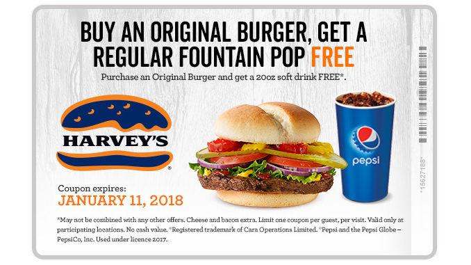 Buy An Original Burger Get A Free Fountain Pop At Harvey’s Through January 11, 2018