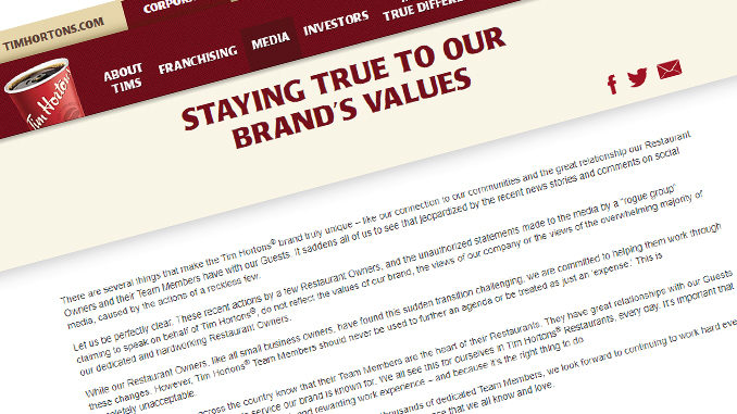 Tim Hortons Responds To ‘Rogue’ Franchisees In Terse Statement