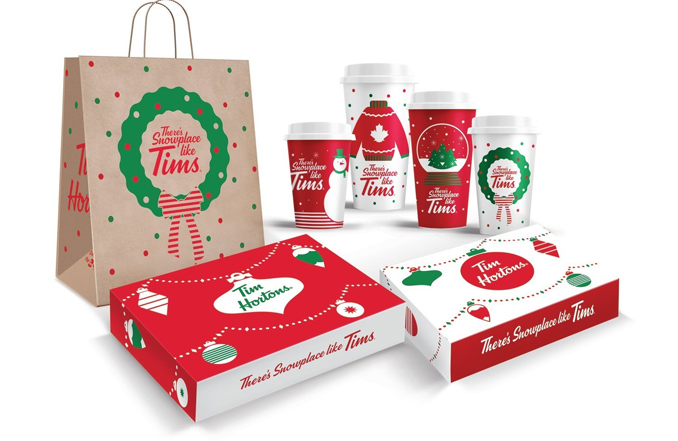 Snowplace Like Tims-themed hot beverage cups, baked good boxes and takeaway bags